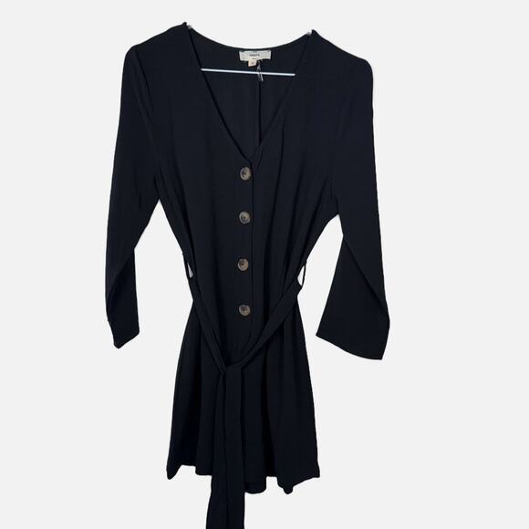 Entro Black Romper Women’s S Button Front Tie Waist 3/4 Sleeve One Piece Casual - Picture 2 of 16